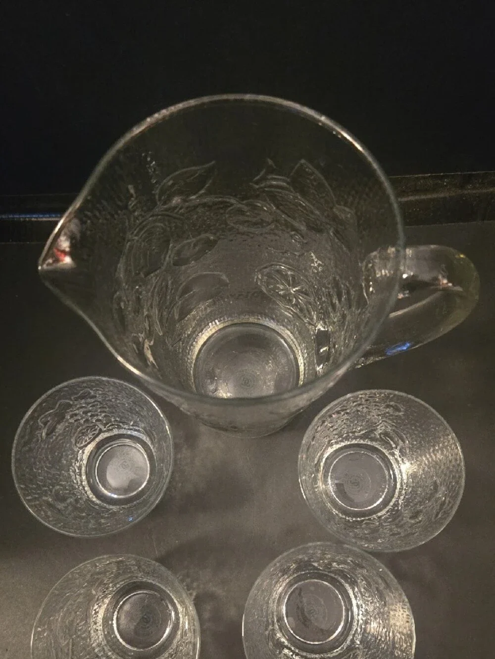 Williams Sonoma Clear Embossed Glass Juice Pitcher with 4 Matching Tumblers
